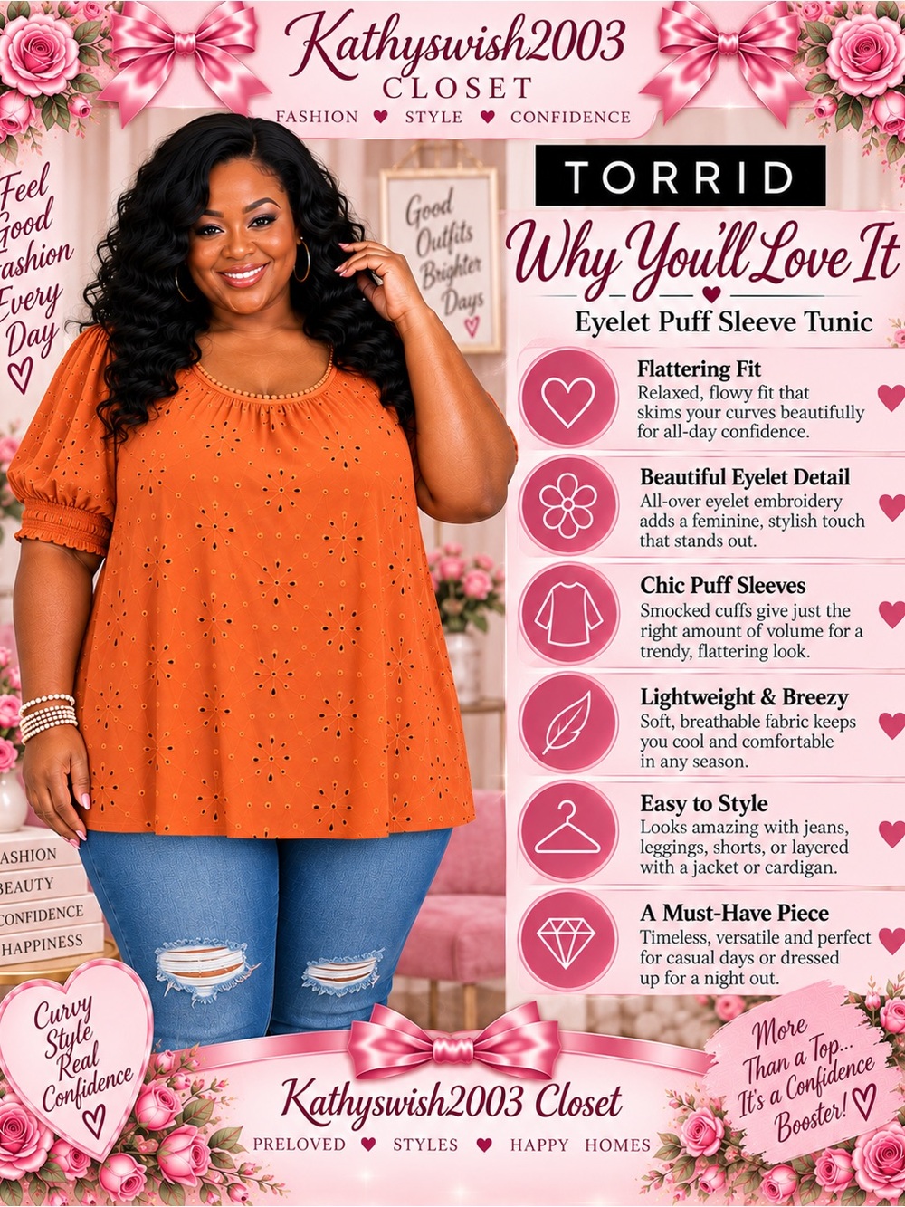 torrid Burnt Orange Eyelet Puff Sleeve Tunic - Picture 7 of 15